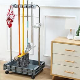 Bezem en Dweilhouder - Reinigingskar Wielen - Schoonmaak Organiseren - Zwaar Roestvrij Staal - 115 cm Hoogte - Zilver — thumbnail 1
