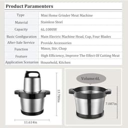 Keukenmachine - Keukenrobot hakmolen - Eten bereiden - Krachtige 1000W motor - 6 liter kom - Zilver — thumbnail 4