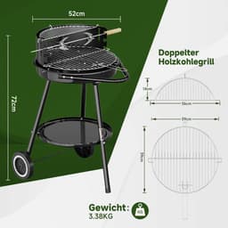Homelux Draagbare houtskoolgrill + BBQ-spies met bevestigingsclips - Ronde grill met wielen en windscherm - BBQ - Hoogte verstelbaar - roestvrijstalen rooster voor tuin en camping — thumbnail 4