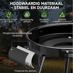Homelux Draagbare houtskoolgrill + BBQ-spies met bevestigingsclips - Ronde grill met wielen en windscherm - BBQ - Hoogte verstelbaar - roestvrijstalen rooster voor tuin en camping — thumbnail 5