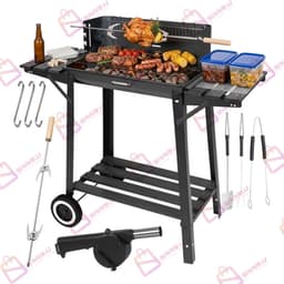 Houtskool BBQ Grill met Draaispit - Warmhoudrooster - Zijtafels - Tuingrill Zwart - bbq houtskool - 62552 — thumbnail 1