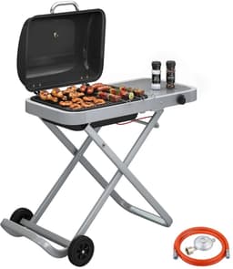 Draagbare Gasbarbecue - Gasbarbecue en grill - 1 Branders - 2,5 kW - Grillwagen - Barbecuewagen - met Grillrooster, Wielen, Inklapbaar Onderstel, Bijzettafels, Thermometer & Deksel - 109 x 55 x 89 cm - Zwart + Zilver — thumbnail 1