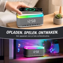 carmdering - Radio Wecker - Digitale Wekkerradio -Slimme Wekker - Digitale Klok Slaapkamer - Wekker voor kinderen & volwassenen - 6-in-1 Bluetooth-luidspreker & 15W Draadloos Oplader - Wit Metaal - FM-radio — thumbnail 2