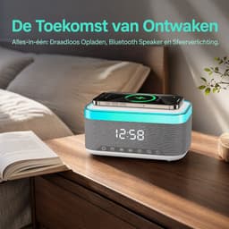 carmdering - Radio Wecker - Digitale Wekkerradio -Slimme Wekker - Digitale Klok Slaapkamer - Wekker voor kinderen & volwassenen - 6-in-1 Bluetooth-luidspreker & 15W Draadloos Oplader - Wit Metaal - FM-radio — thumbnail 4