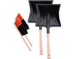 Stoffer en Blik Set - Houten Handveger - Dagelijks Schoonmaken - Zachte Vloerstrip - 2 Stuks - Zwart Oranje