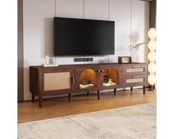 TV-kast - Mediabureau Dressoir - Entertainment Opslag - Rotan Laden Glazen Deuren - 180x40x50cm - Bruin