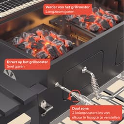 KitchenBrothers Houtskool BBQ XL - Dual Zone Smoker Barbecue - Met Verstelbare Kolenroosters & Inklapbare Zijtafels - PFAS-vrij - 42,3x75,8cm Grilloppervlak - Zwart — thumbnail 5