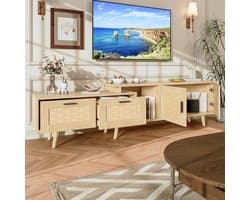 Uittrekbare tv-kast - Mediameubel met opbergruimte - Woonkamer organiseren - Rotan design elementen - 146-180 cm lengte - Houtkleur