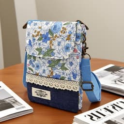 Mini-crossbody tas voor mobiele telefoon met verstelbare schouderriem, katoen, ideaal voor winkelen, vergaderingen en wandelen - blauw — thumbnail 2