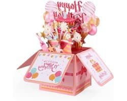 Kleurvolle 3D Verjaardagskaart met Ballonnen en Vuurwerk, Creatief Cadeau voor Vrouwen, Moeders, Dochters en Vrienden