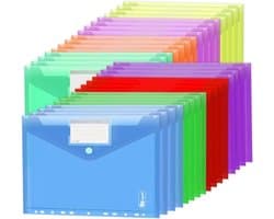 A4 Documentenmap - 32 Stuks Opbergzakken in 8 Kleuren met Sluiting, Perforaties en Etiketten - Transparante Ordners voor Organisatie