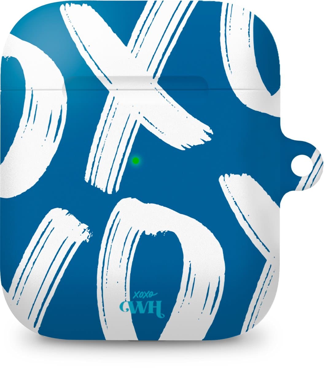 xoxo Wildhearts hoesje geschikt voor Airpods 1/2 - Can't Talk Now Blue - Ook als telefoonhoesje verkrijgbaar - schokbestendige case geschikt voor Airpod 1 en 2 - koptelefoon case - Beschermhoes met tekst opdruk - print - blauw / wit — afbeelding 1