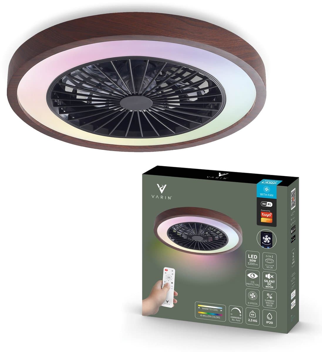 Varin® Plafondventilator met verlichting - Walnoot hout - Tuya Wifi - LED RGBW - Ø 50cm - Super stil - Afstandsbediening smart lamp - Plafondlamp slaapkamer - Plafonniere woonkamer - Plafondlampen - Plafond lamp - Verlichting kinderkamer - Ventilator — afbeelding 1