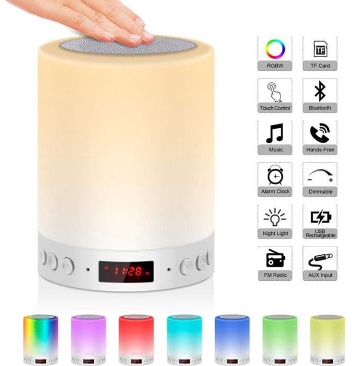 Draagbare LED-nachtlamp met touchscreen, Bluetooth-luidspreker, wekker, FM-radio, MP3-speler, TF-kaartondersteuning, AUX-ingang en handsfree belfunctie. — afbeelding 1