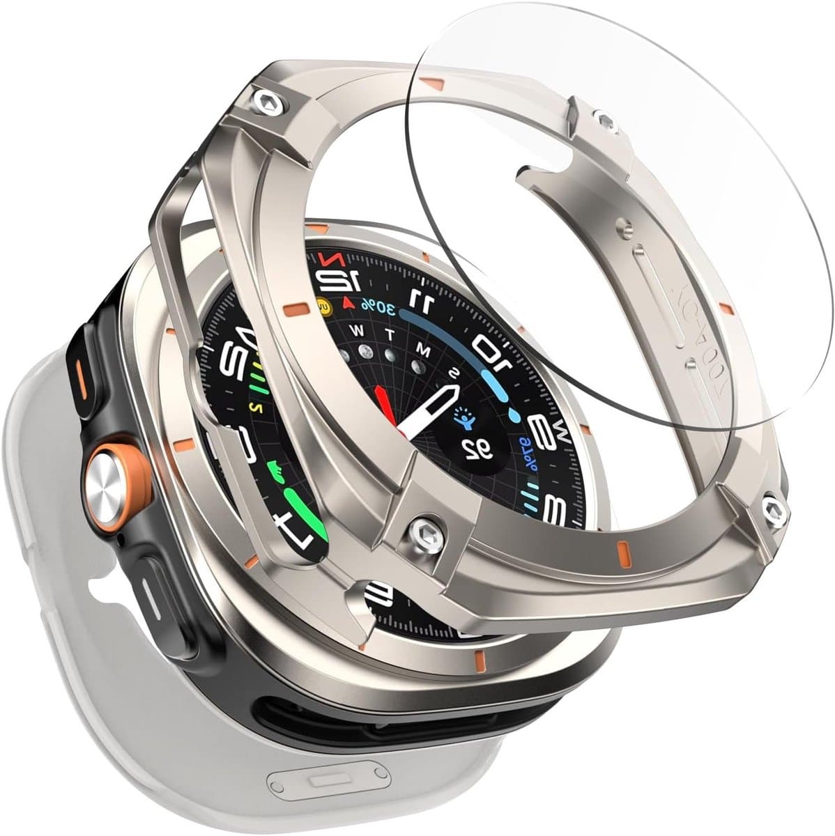 3 in 1 Metaal Case voor Samsung Galaxy Watch Ultra 47mm, Stalen Beschermbumper, Harde PC Achterkant en HD Gehard Glas Screen Protector, Titanium/Oranje — afbeelding 1