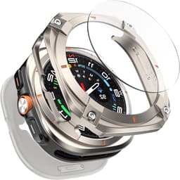 3 in 1 Metaal Case voor Samsung Galaxy Watch Ultra 47mm, Stalen Beschermbumper, Harde PC Achterkant en HD Gehard Glas Screen Protector, Titanium/Oranje — thumbnail 1