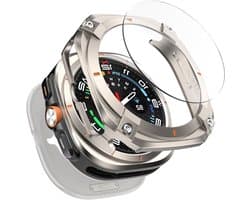 3 in 1 Metaal Case voor Samsung Galaxy Watch Ultra 47mm, Stalen Beschermbumper, Harde PC Achterkant en HD Gehard Glas Screen Protector, Titanium/Oranje