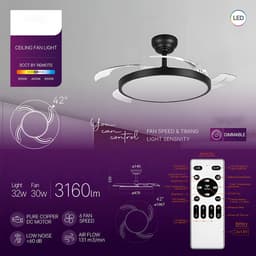 Plafondventilator met Lamp - Braytron - Aanpasbare Lichtkleur 3000K-4000K-6500K - Afstandsbediening - Dimbaar - Zwart — thumbnail 4