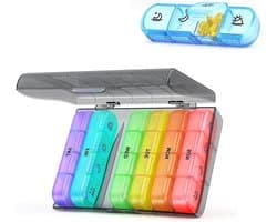 Praktische weekdispenser met 28 vakken, 4 vakken per dag, ideaal voor medicijnen, vitamines en supplementen, met veilige sluiting en herinneringsfunctie