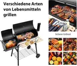 COSTWAY Houtskoolgrill met deksel, grillwagen met wielen, zijvuurbox, zijtafel, plank, houten handgrepen, thermometer, houtskoolgrill voor camping, terras, tuin — thumbnail 5