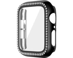 Watch case screenprotector - hoesje - gehard glas - geschikt voor Apple Watch Series 7/8/9 met case size 45 mm - glittersteentjes - zwart