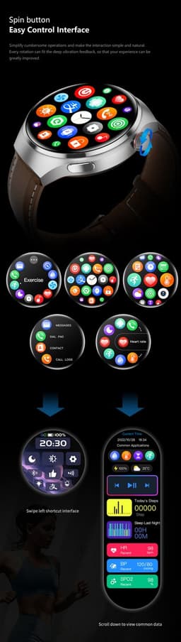 Knobbout 1.6 inch (3.7cm) Stijlvolle HD Kleurenweergave Scherm smartwatch - Ingebouwd Kompas - Hoogtemeter en Barometer - Krachtige NFC-functie - Bluetooth Handsfree Bellen - Dynamische Interactieve Weergave - Zwarte leren en siliconen horlogeband — thumbnail 3