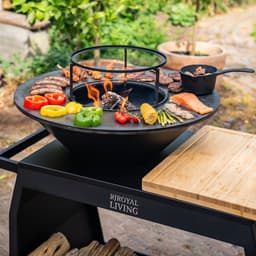 RJRoyal Living Plancha grill BBQ Big Jack Blackline 3.0 grillring en houtopslag vuurschaal buitenkeuken grillring met houten snijplank — thumbnail 3