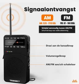 Transnect® - Draagbare Noodradio - Zwart - AM/FM - Op Batterijen - Koptelefoonaansluiting - Draagbare Radio - Wereldradio - Noodpakket Must Have - Zakradio - Voor Rampen - Kleine - Transistor Radio - Telescopische Antenne — thumbnail 3