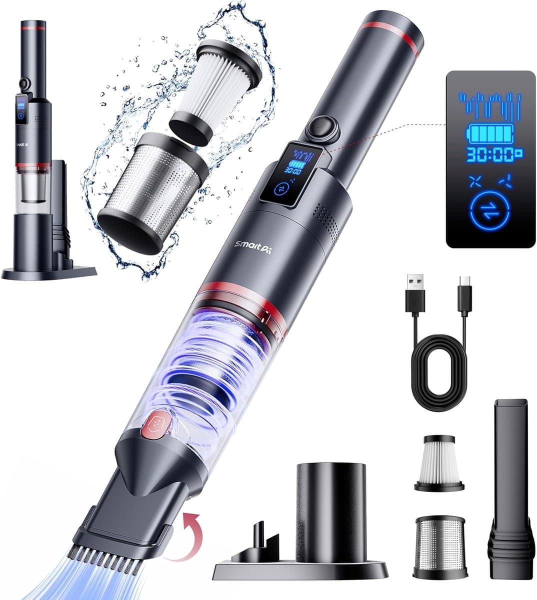 SmartAI H5 Handstofzuiger, 17000 Pa mini led-draadloze accu-handstofzuiger, 30 minuten duur, lichte accustofzuiger voor auto — afbeelding 1