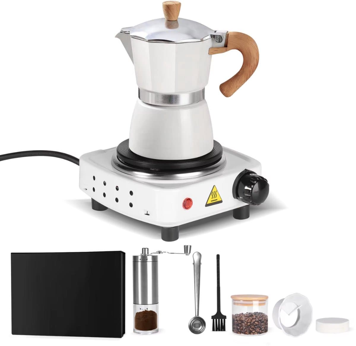 Espresso koffiemaker - Wit - Percolator - Moka pot - Met Koffiemolen - Camping en thuisgebruik — afbeelding 1