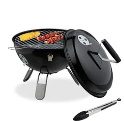 Houtskoolbarbecue draagbaar - Ø 34 cm - met deksel en tang - staal — thumbnail 1