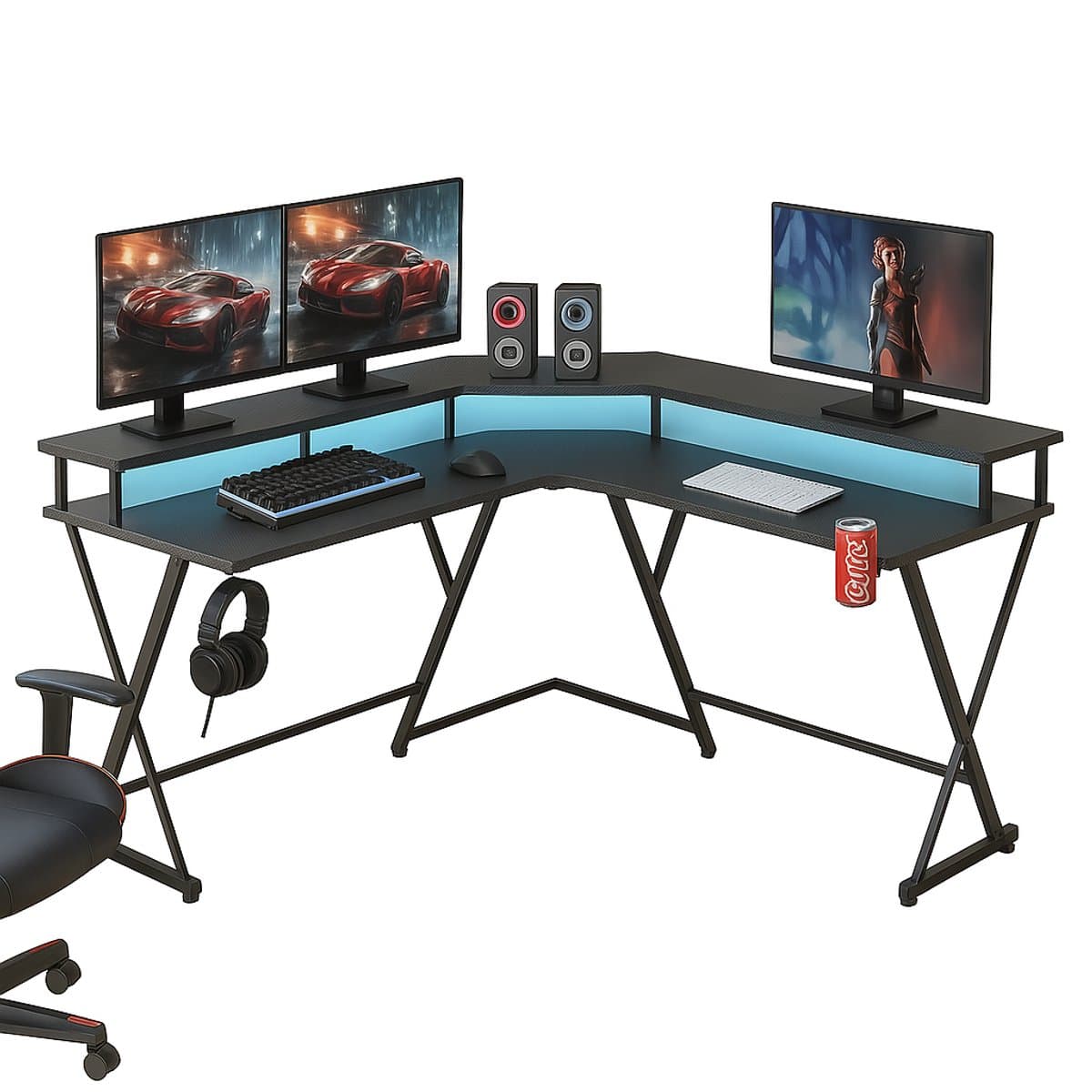 Xergonomic Game bureau – 127 x 127 x 74.4 cm – Hoekbureau - Game tafel - LED-Verlichting - Gaming Desk – 2 EU stopcontacten & 2 USB-poorten ingebouwd – Zwart — afbeelding 1