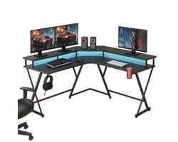 Xergonomic Game bureau – 127 x 127 x 74.4 cm – Hoekbureau - Game tafel - LED-Verlichting - Gaming Desk – 2 EU stopcontacten & 2 USB-poorten ingebouwd – Zwart