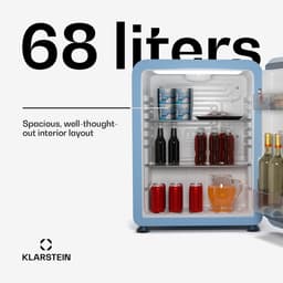 Klarstein Audrey Evo 68L Retro Mini Kühlschrank - Leise 40 dB, Kompakter Kühlschrank Klein mit Verstellbaren Füßen, Wendetür, Mechanischem Thermostat, Blau, Ideal für Schlafzimmer und Büros — thumbnail 9