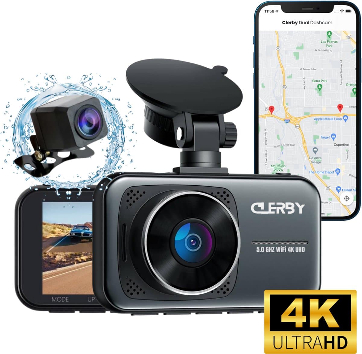Clerby C1 Pro - Dual Dashcam 4K & 1080p - WiFi - GPS - Nachtzicht - Loop Opname - Inclusief App — afbeelding 1