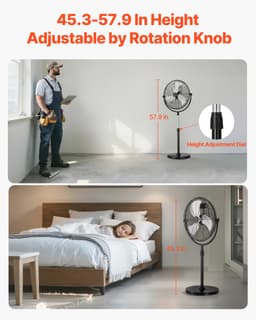 Industriële Staande Ventilator, Diameter 560 mm, Hoogte Verstelbaar van 115-147 cm, met 3 Snelheidsstanden, Ideaal voor Woonkamer, Huis en Kantoor, Zwart — thumbnail 5