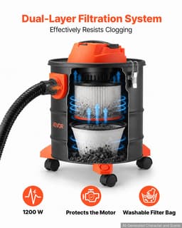 VEVOR Asstofzuiger 1200W Draagbare Haardstofzuiger 20L Stalen Tank Zwart/Oranje, Stofzuiger met Blaasfunctie voor Haarden, Pelletkachels, Grills & Vuurkorven, Dubbel Filtersysteem, met Wielen en 1,2 m Slang — thumbnail 4