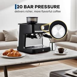 Kunststof Espressomachine met Bonenmaler en Porthouder - Melkopschuimer - 42x40x48cm - Halfautomatische Koffiemachine - 20 Bar Druk - 1.5L Watertank - Zwart — thumbnail 3