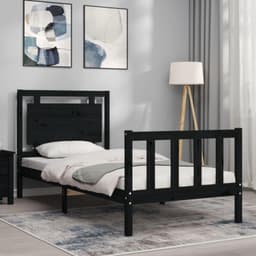 Bedframe 2FT6 Small Single Familiekbed, massief houten bed met hoofdeinde, zwart — thumbnail 2
