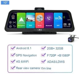 Dashcam voor Auto - 10" 4G ADAS Dashcam - GPS Navigatie & Dual Lens Achteruitrijcamera - 15m Achtercamera - Geen Geheugenkaart - Zwart — thumbnail 2