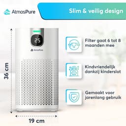 AtmosPure® CleanAir Luchtreiniger - Air Purifier met vervangbaar HEPA 13 Koolstof filter + Extra filter - CADR 250 m³/h - Wit - Voor 98 m² - Werkt tegen huisstofmijt, hooikoorts, allergie, -3 standen + stille slaapstand - Luchtkwaliteit Sensor — thumbnail 5
