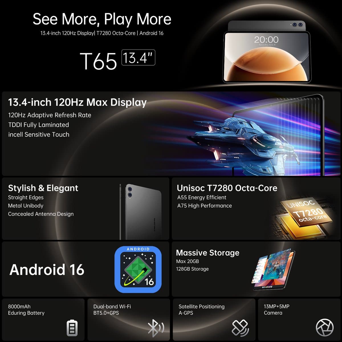 Tablet 13,4 Inch 4G Android 16 - 6 GB RAM 128 GB Opslag - IPS Scherm - Octa Core Processor - Voor Volwassenen — afbeelding 1