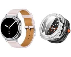 Strap-it Bundel – Leren Smartwatch Band met Gespsluiting (Roze) + Hard Case met Screenprotector Glas (Zilver) geschikt voor Samsung Galaxy Watch 8 Classic (46mm)