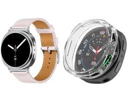 Strap-it Bundel – Leren Smartwatch Band met Gespsluiting (Roze) + TPU Soft Case Beschermhoes (Transparant) geschikt voor Samsung Galaxy Watch 8 (40mm)