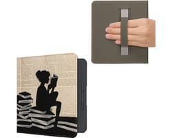 kwmobile e-reader hoesje geschikt voor Kobo Forma hoes - E reader flip case met magneetsluiting - Ereader cover - Meisje met boeken design in zwart / beige