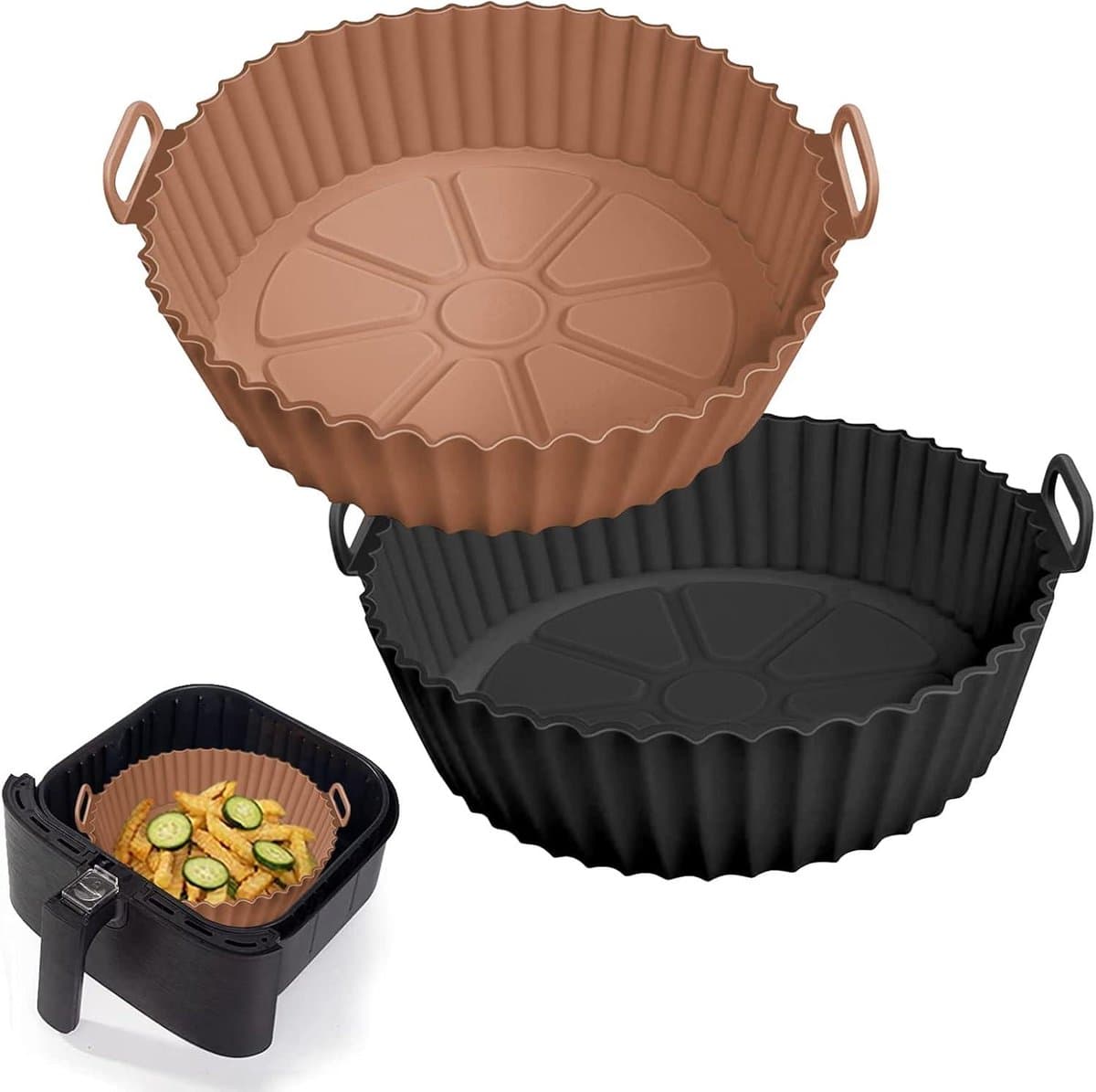 Daity 2 stuks Airfryer siliconen bakvorm, 8 inch Airfryer mandje, siliconen bakvorm, geschikt voor Airfryer oven, herbruikbare bakvorm ovenaccessoires (bruin, zwart) — afbeelding 1