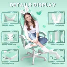 Soontrans-Gamingstoel-Ergonomische Gamingfauteuil-Voetsteun PC -Stoel Gamingstoel-Hoofdsteun-Lendenkussen-Racecomputerstoel Met Konijnenoren-Ergonomische Bureaustoel-Mintgroen — thumbnail 3
