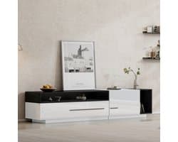 HAUSS SPOLE TV meubel - Hoogglans TV-meubel met Schublade, Deur en Open Vak - Voor televisies tot 70 inch - Voor woonkamer en slaapkamer - 170x38x42,3 cm - Hout - Wit + Zwart