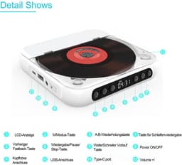 IBETTERTEC - Draagbare CD-speler met Bluetooth 5.3 - met externe versterker - CD-muziekspeler voor Bluetooth - stofbescherming - koptelefoonaansluiting - Geschikt als cadeau voor thuisgebruik — thumbnail 4