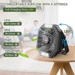 Oplaadbare USB Campingventilator met 10400 mAh - Stille Tafelventilator met 4 Snelheden en Verstelbaar LED Licht — thumbnail 2